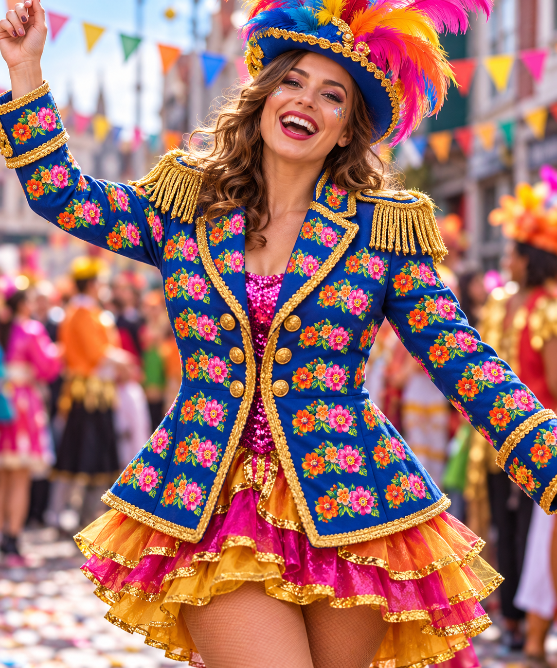 Illustratief gebruiksvoorbeeld: dame met kleine complete bloementrio's over haar carnavaljasje; hiervoor zijn meerdere applicaties gebruikt