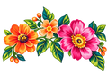 Bloementrio – drie oranje en roze bloemen met groene bladeren