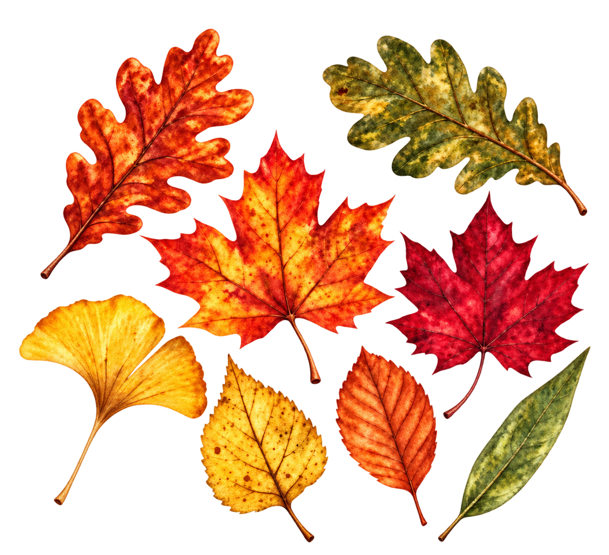 Zeven herfstbladeren in warme herfstkleuren – vrijstaande strijkapplicatie