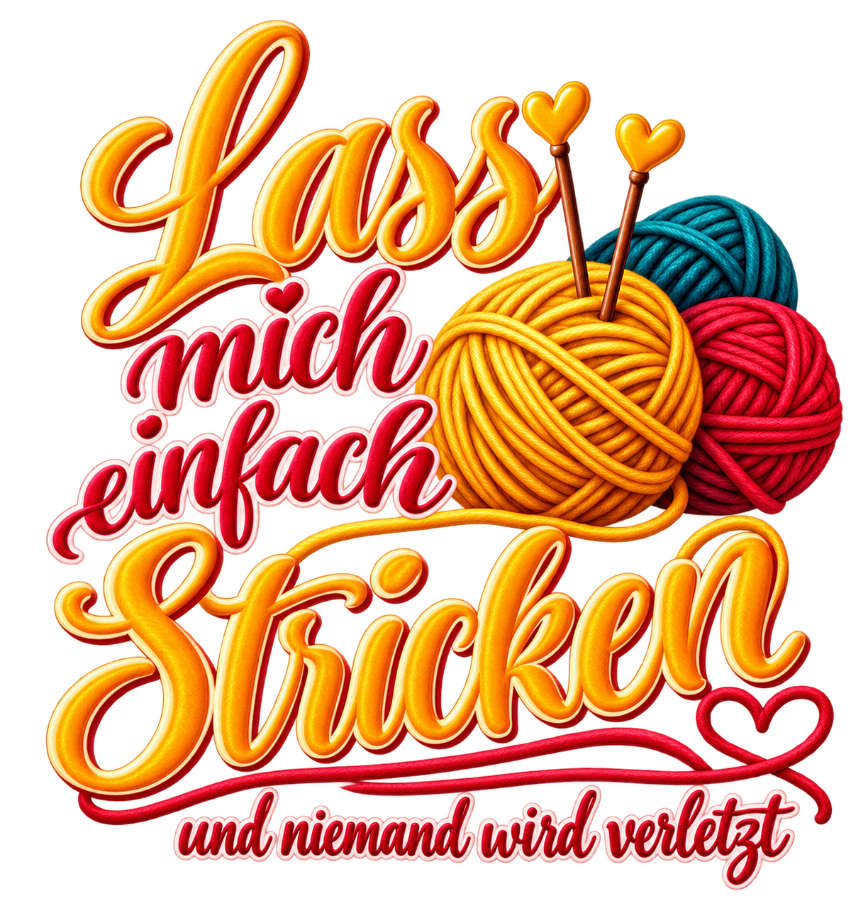 Vrijstaande strijkapplicatie met wol, breinaalden en de Duitse tekst Lass mich einfach Stricken und niemand wird verletzt