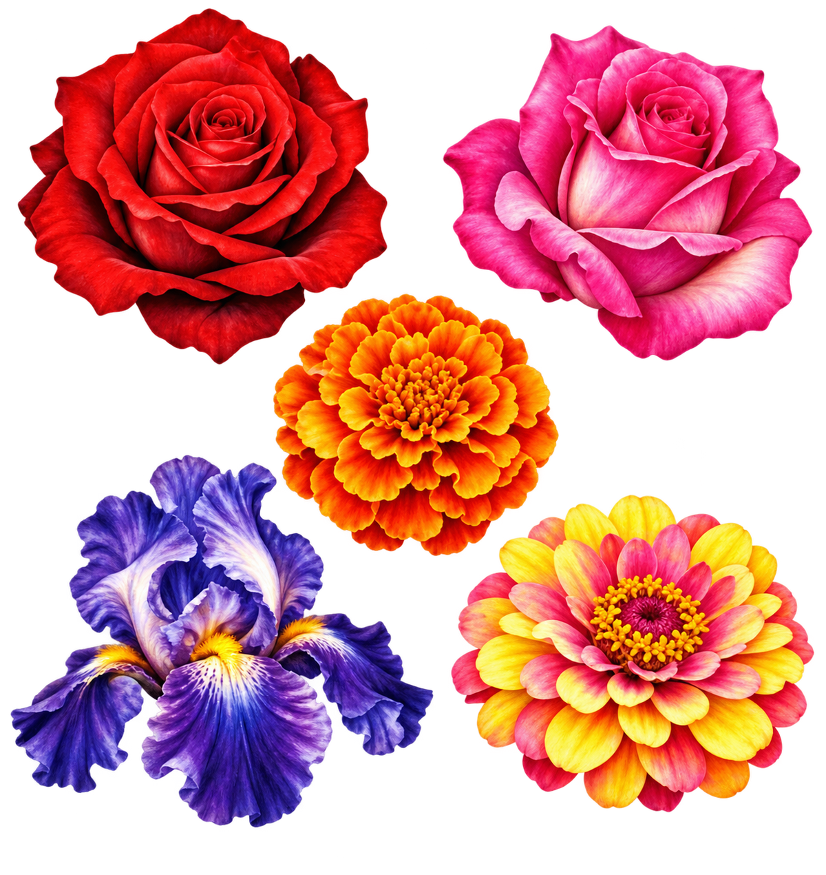 Vrijstaande bloemenmix met een rode roos, roze roos, oranje bloem, paarse iris en geelroze bloem