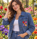 Sfeerbeeld: vrouw tussen de bloemen met de kleine bloemenmix op het borstzakje van haar spijkerjasje