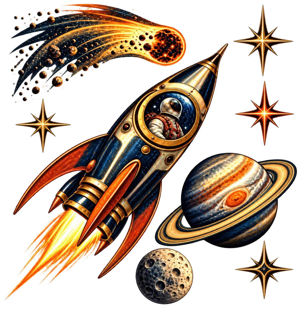 Vrijstaande strijkapplicatie met een goudblauwe retro raket, astronaut, komeet, ringplaneet, maan en sterren