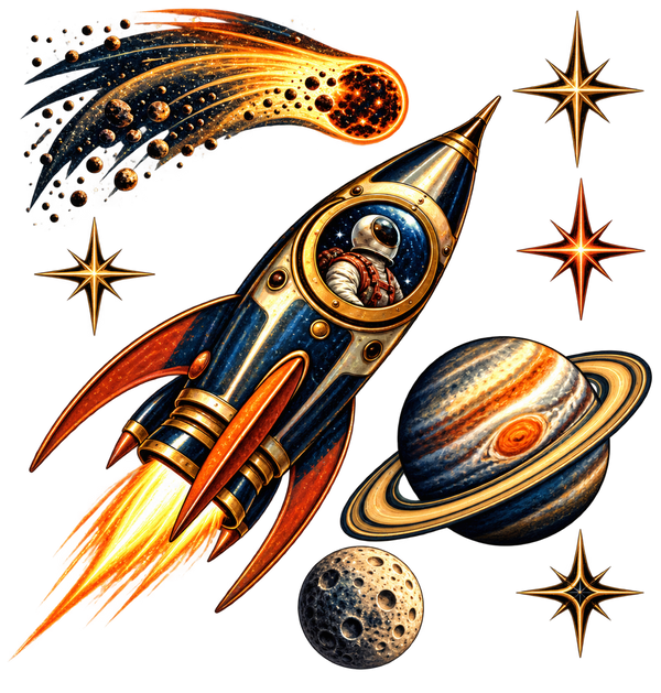 Vrijstaande strijkapplicatie met een goudblauwe retro raket, astronaut, komeet, ringplaneet, maan en sterren