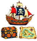 Vrijstaande strijkapplicatie met een piratenschip, schatkist en schatkaart met rood kruis