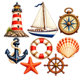 Vrijstaand zeemotief met vuurtoren, zeilboot, kompas, anker, reddingsboei, schelp, zeester en stuurwiel