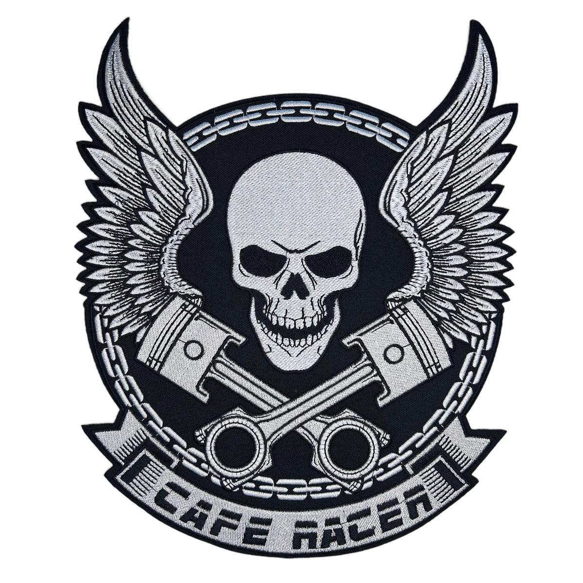 GP0015-zwart-witte-skull-met-vleugels-en-tekst-cafe-racer-patch