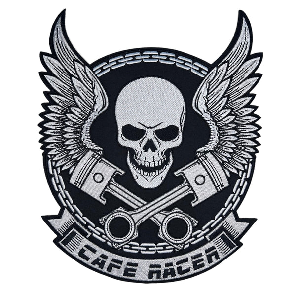 GP0015-zwart-witte-skull-met-vleugels-en-tekst-cafe-racer-patch