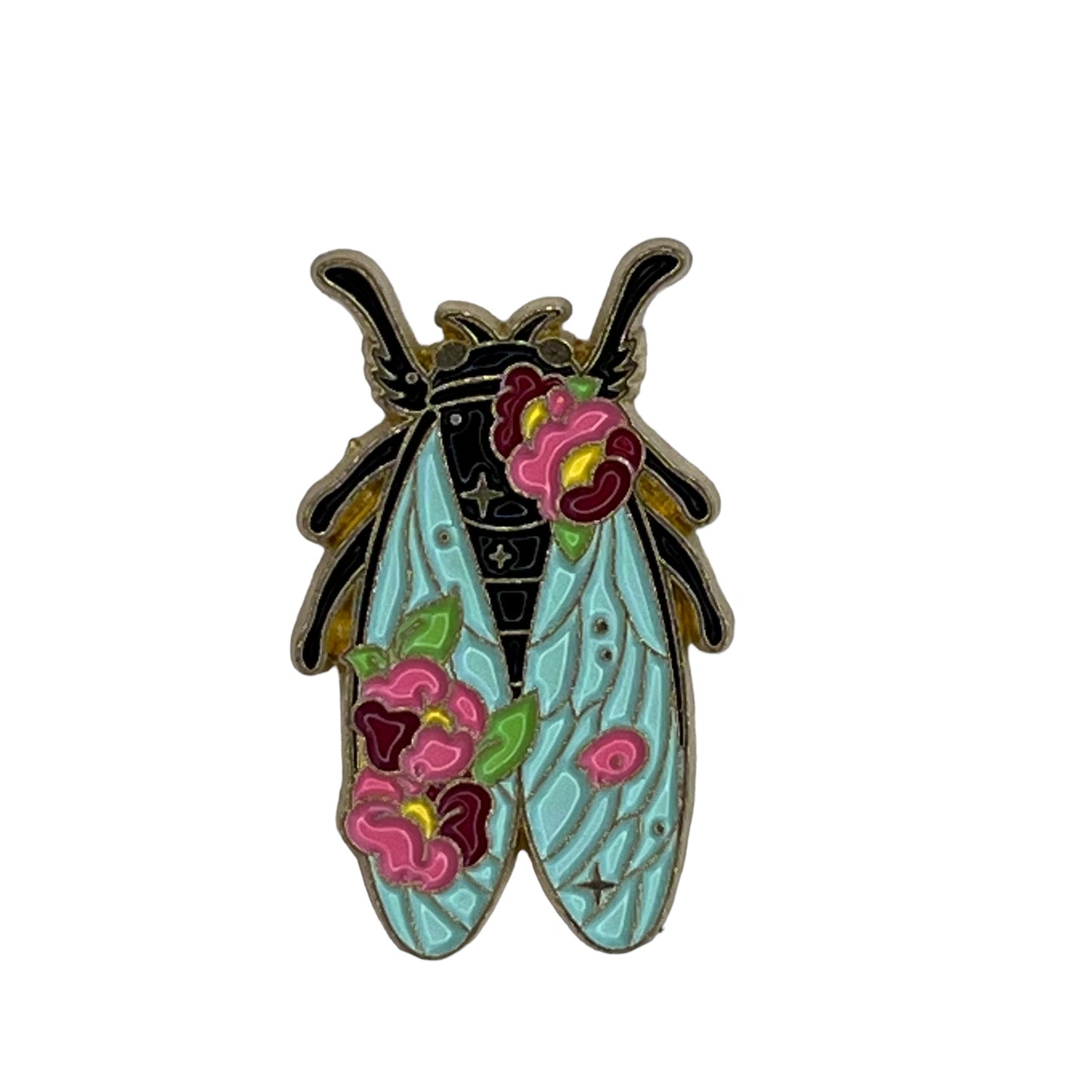 P4-3-Insect-Met-Blauwe-Vleugels-En-Roze-Bloemen-Pin